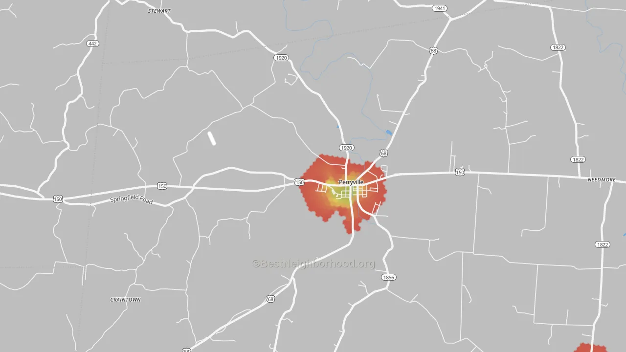 Walk Grade map of Perryville, KY, walkable areas in green and car-dependent areas in red