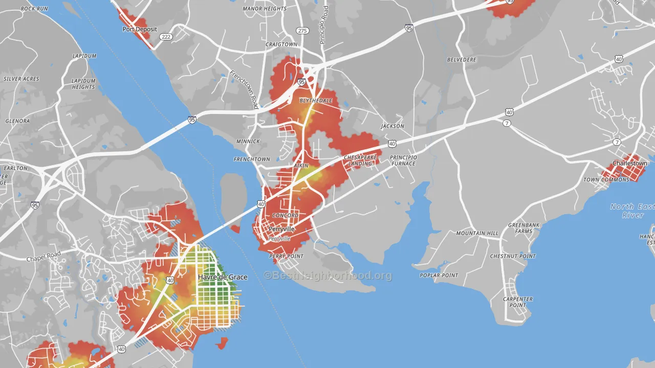 Walk Grade map of Perryville, MD, walkable areas in green and car-dependent areas in red