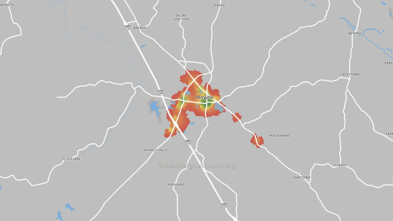 Walk Grade map of Perryville, MO, walkable areas in green and car-dependent areas in red