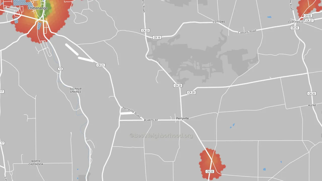 Walk Grade map of Perryville, NY, walkable areas in green and car-dependent areas in red
