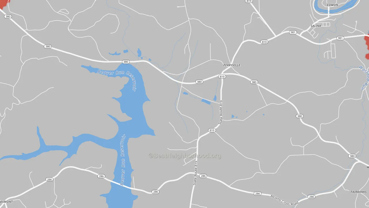 Walk Grade map of Perryville, PA, walkable areas in green and car-dependent areas in red