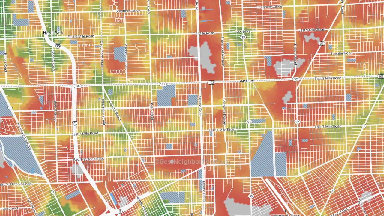 Walk Grade map of Pershing, Detroit, MI, walkable areas in green and car-dependent areas in red