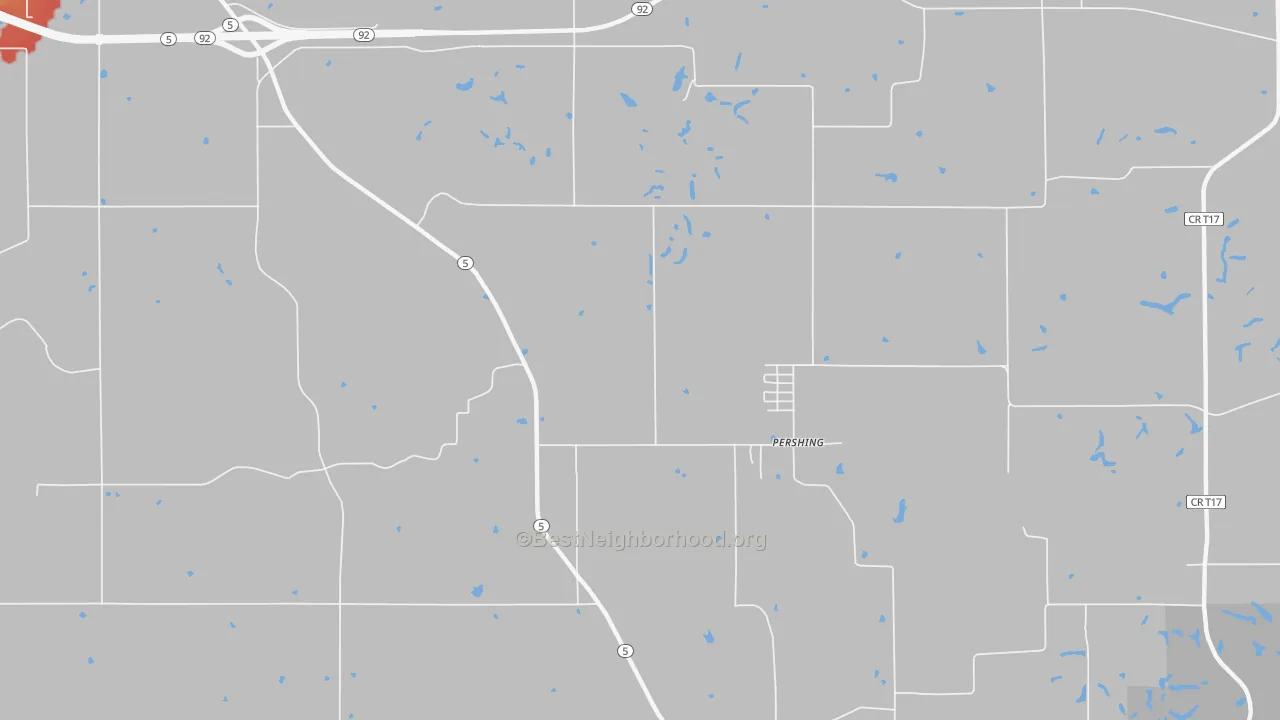 Walk Grade map of Pershing, IA, walkable areas in green and car-dependent areas in red