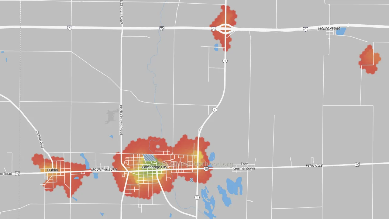 Walk Grade map of Pershing, IN, walkable areas in green and car-dependent areas in red