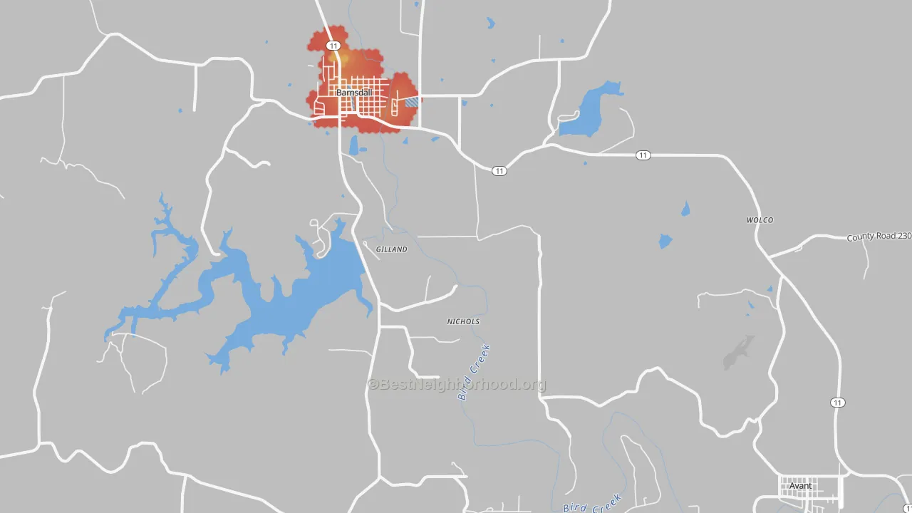 Walk Grade map of Pershing, OK, walkable areas in green and car-dependent areas in red