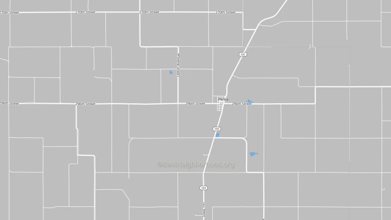 Walk Grade map of Persia, IA, walkable areas in green and car-dependent areas in red