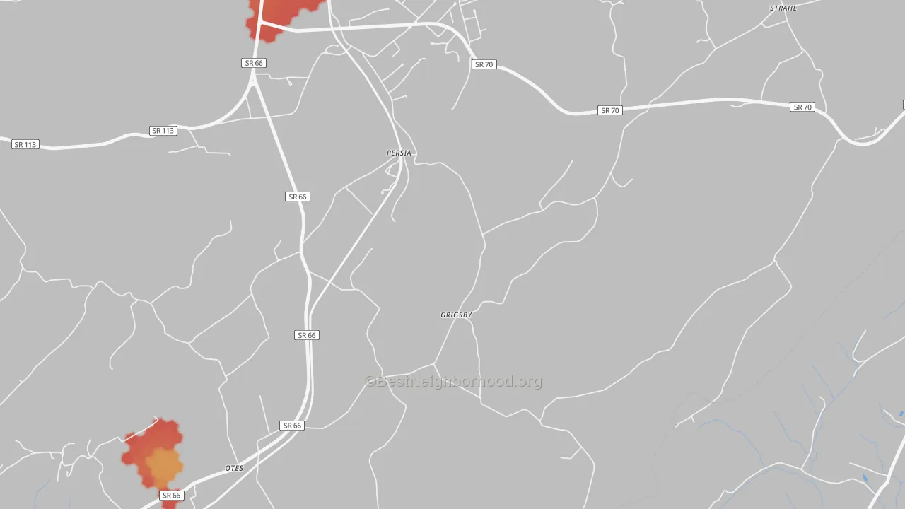 Walk Grade map of Persia, TN, walkable areas in green and car-dependent areas in red