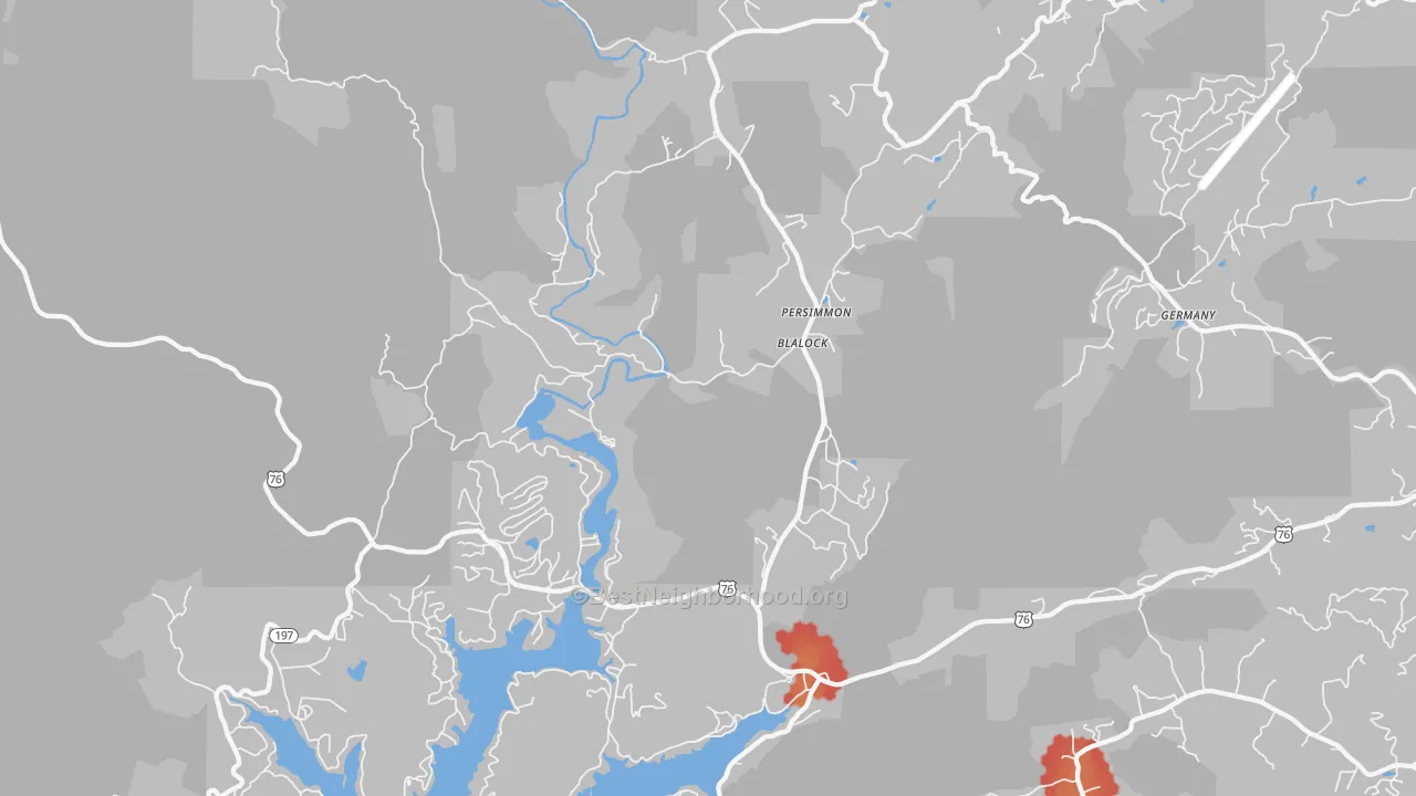 Walk Grade map of Persimmon, GA, walkable areas in green and car-dependent areas in red