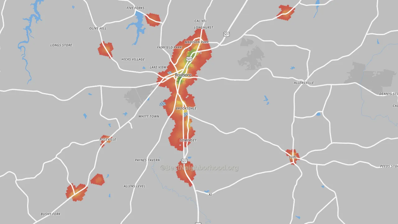 Walk Grade map of Person County, NC, walkable areas in green and car-dependent areas in red