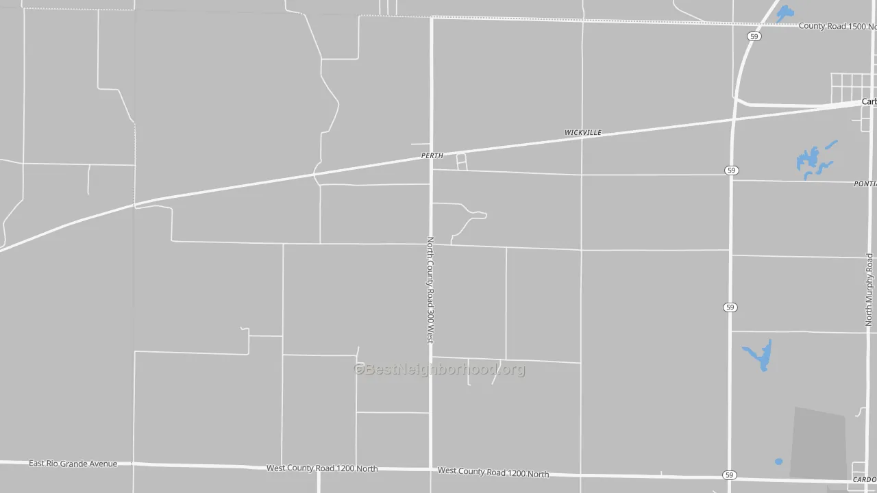 Walk Grade map of Perth, IN, walkable areas in green and car-dependent areas in red