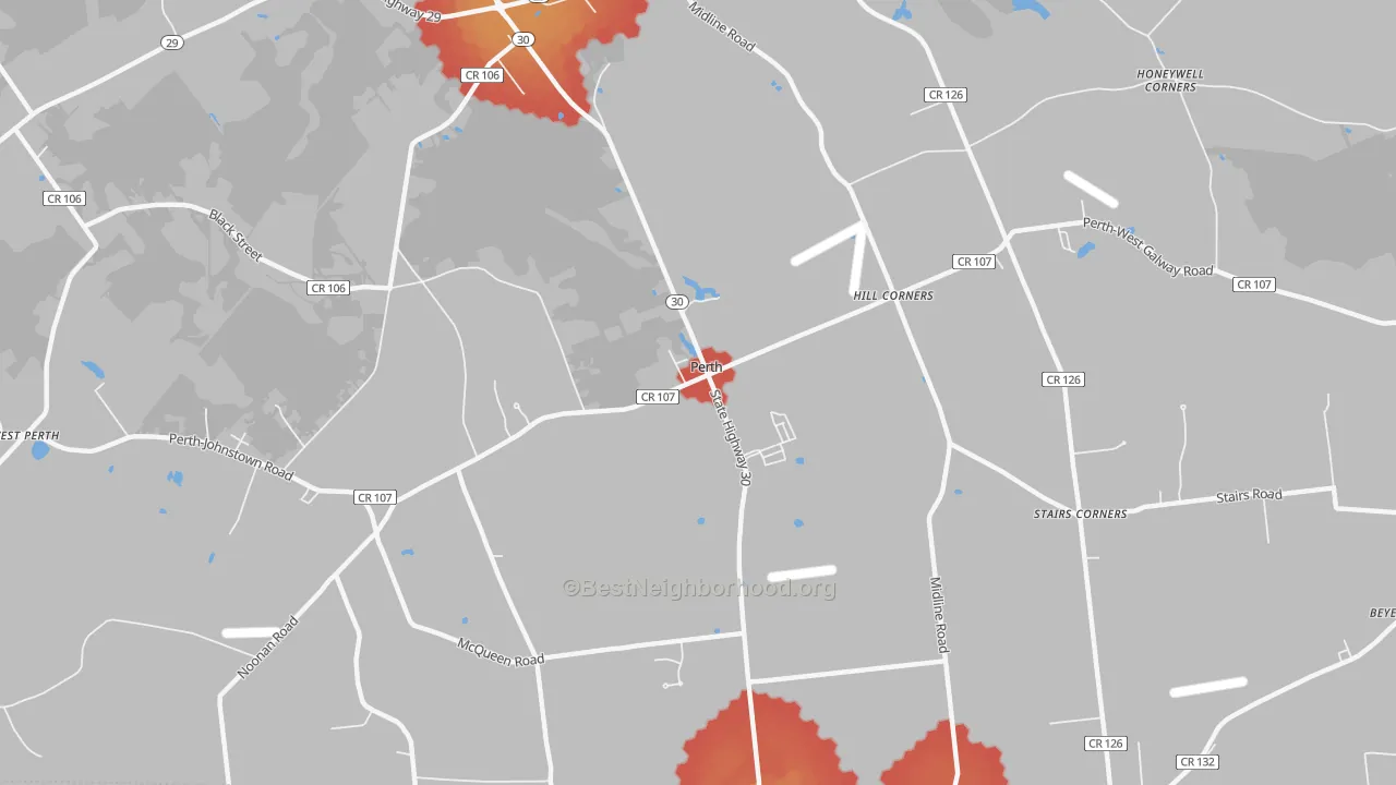 Walk Grade map of Perth, NY, walkable areas in green and car-dependent areas in red