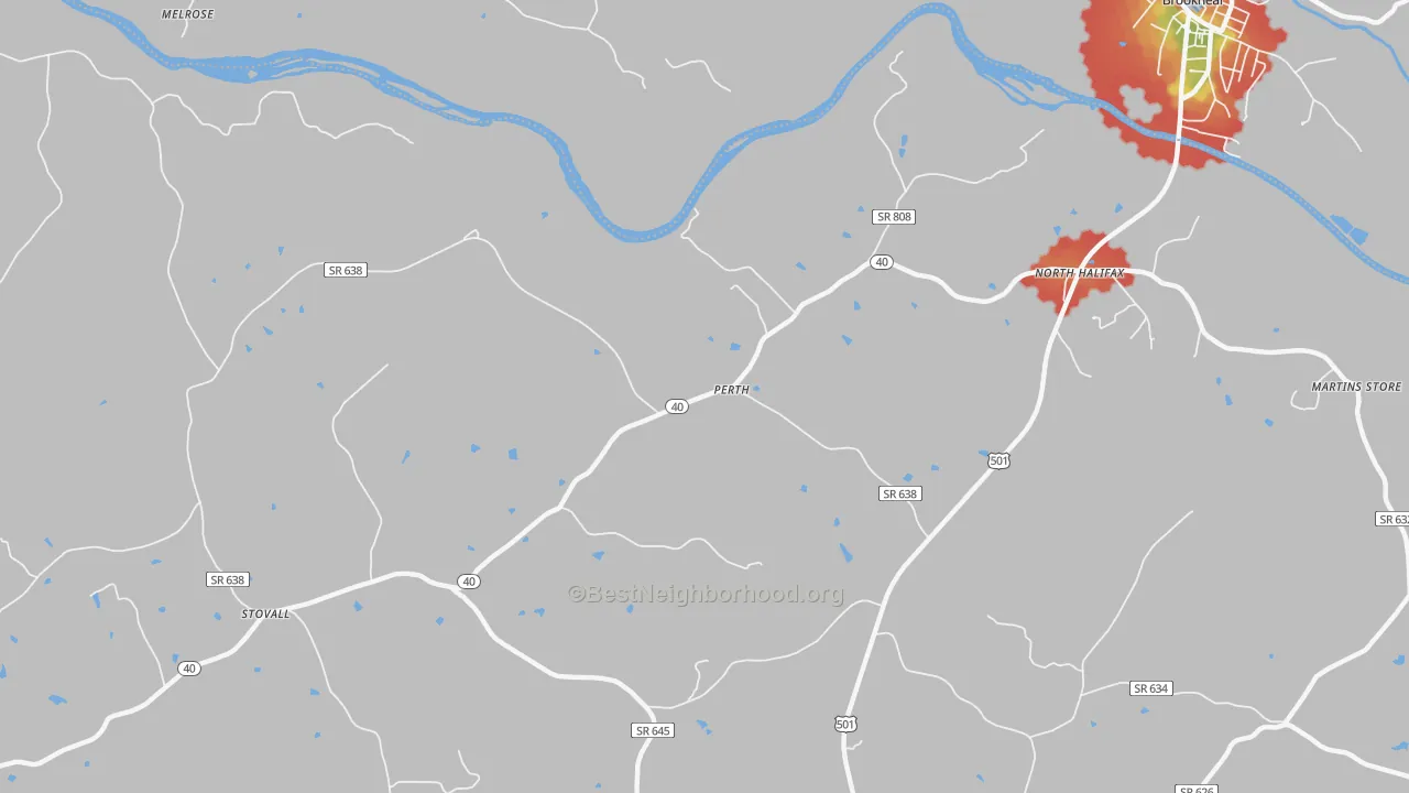 Walk Grade map of Perth, VA, walkable areas in green and car-dependent areas in red