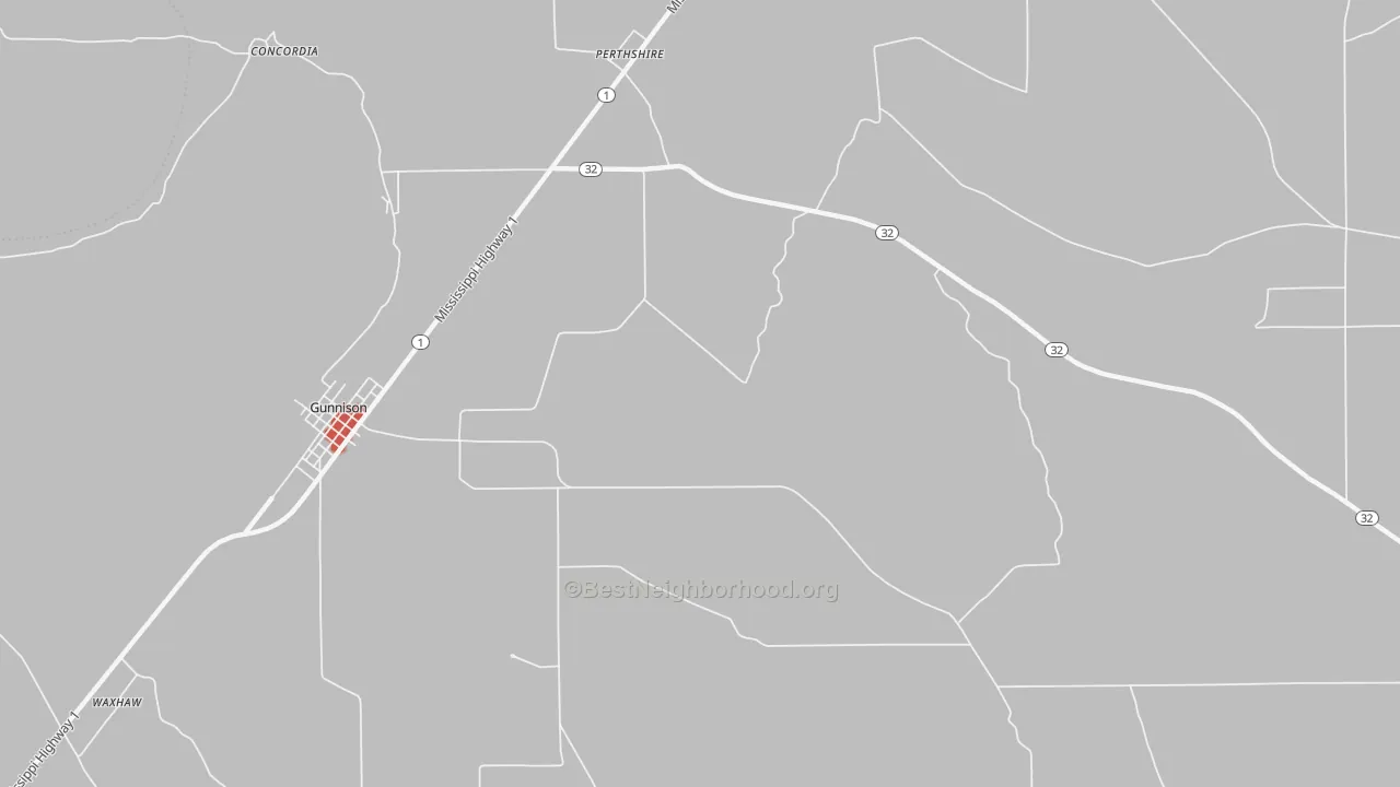 Walk Grade map of Perthshire, MS, walkable areas in green and car-dependent areas in red