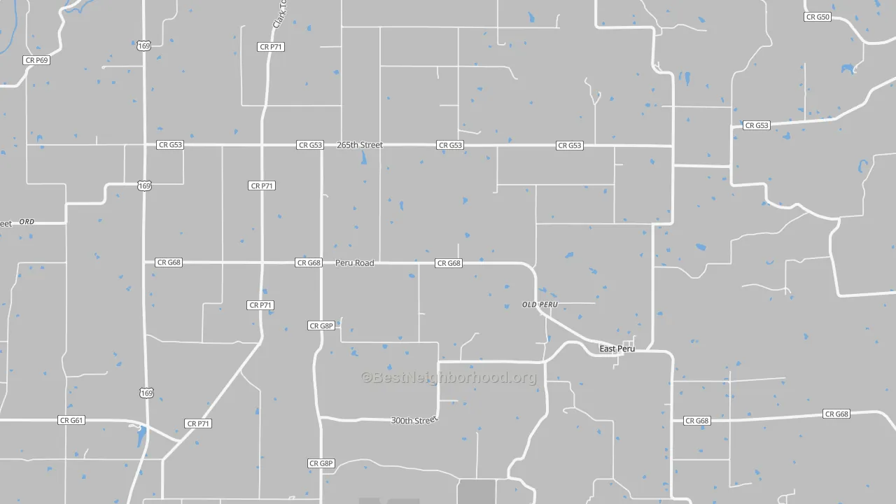 Walk Grade map of Peru, IA, walkable areas in green and car-dependent areas in red