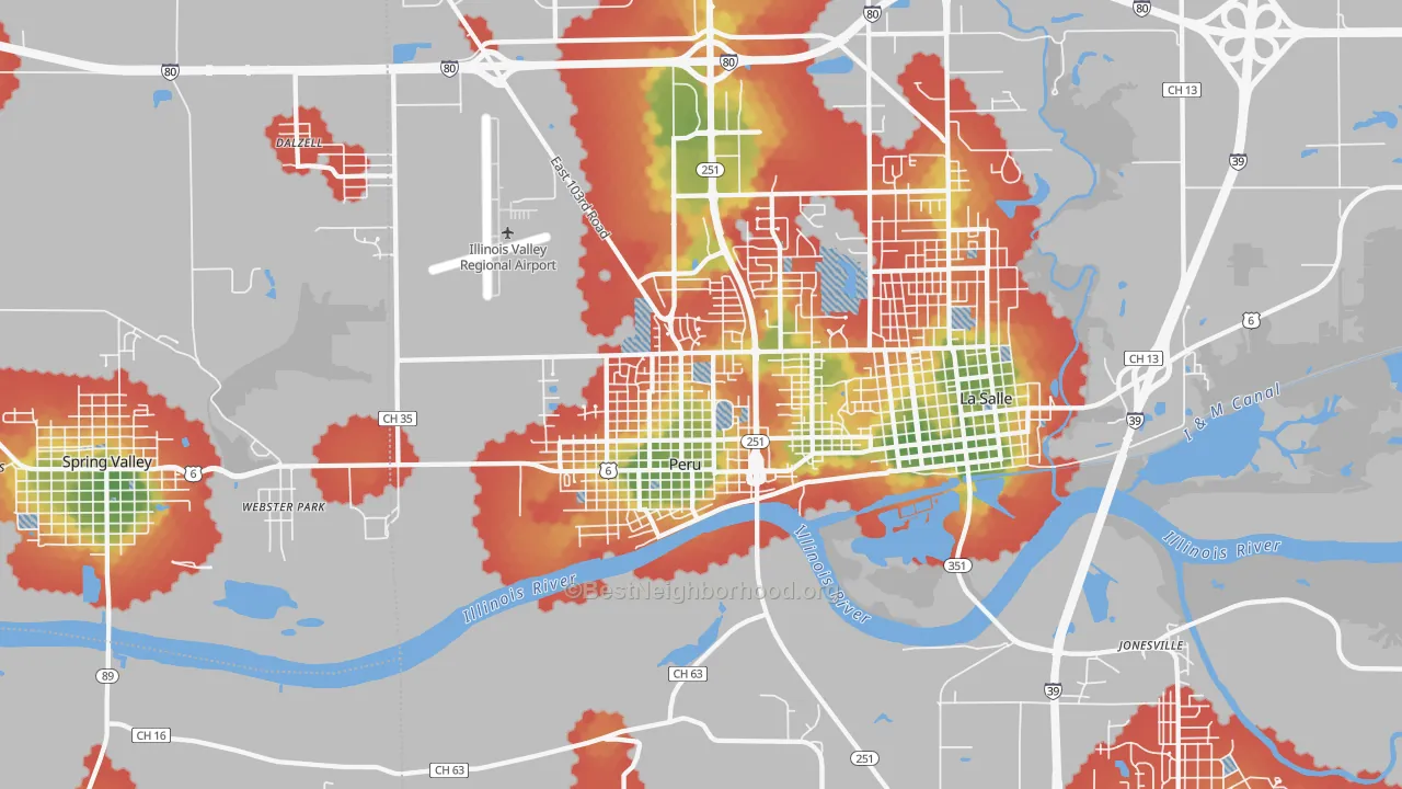 Walk Grade map of Peru, IL, walkable areas in green and car-dependent areas in red