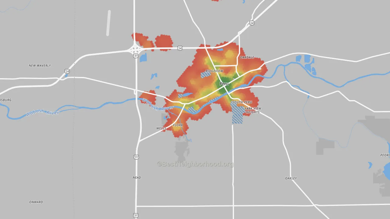 Walk Grade map of Peru, IN, walkable areas in green and car-dependent areas in red