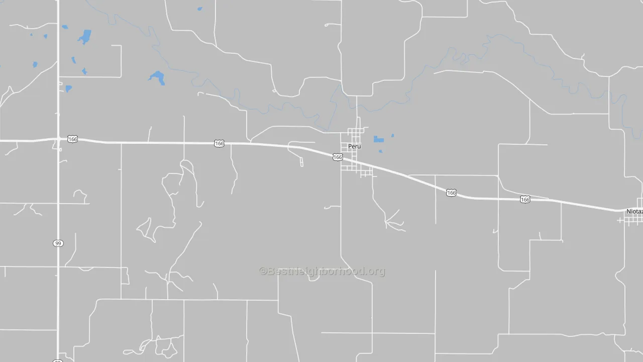 Walk Grade map of Peru, KS, walkable areas in green and car-dependent areas in red