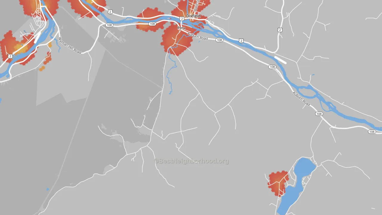 Walk Grade map of Peru, ME, walkable areas in green and car-dependent areas in red