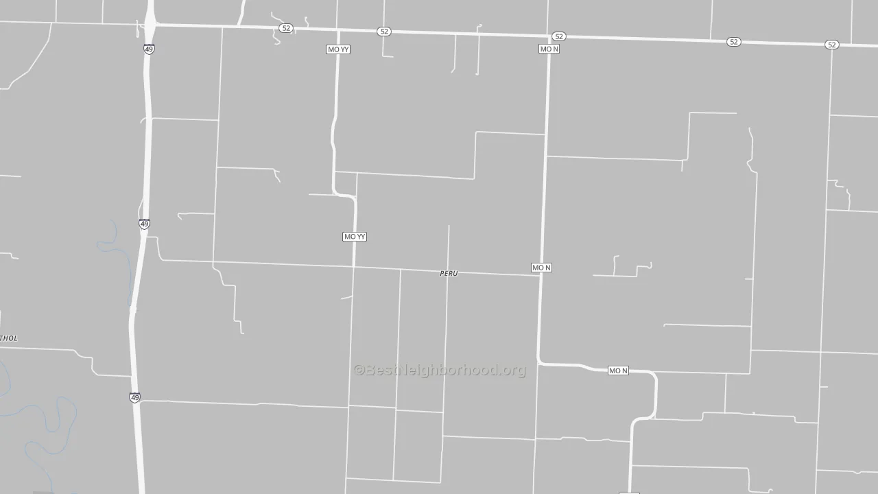 Walk Grade map of Peru, MO, walkable areas in green and car-dependent areas in red