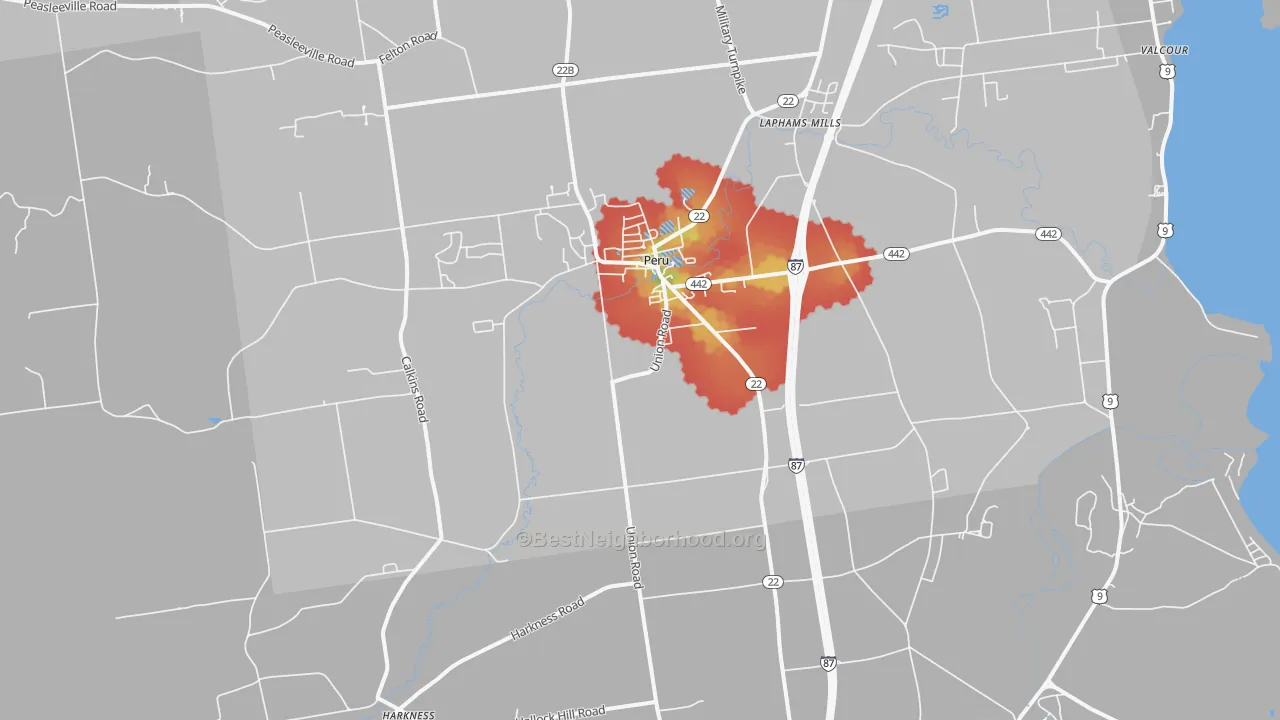 Walk Grade map of Peru, NY, walkable areas in green and car-dependent areas in red