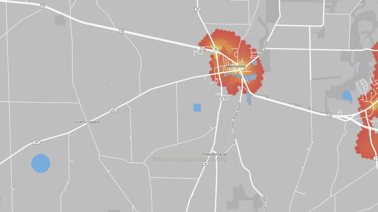 Walk Grade map of Peru, OH, walkable areas in green and car-dependent areas in red
