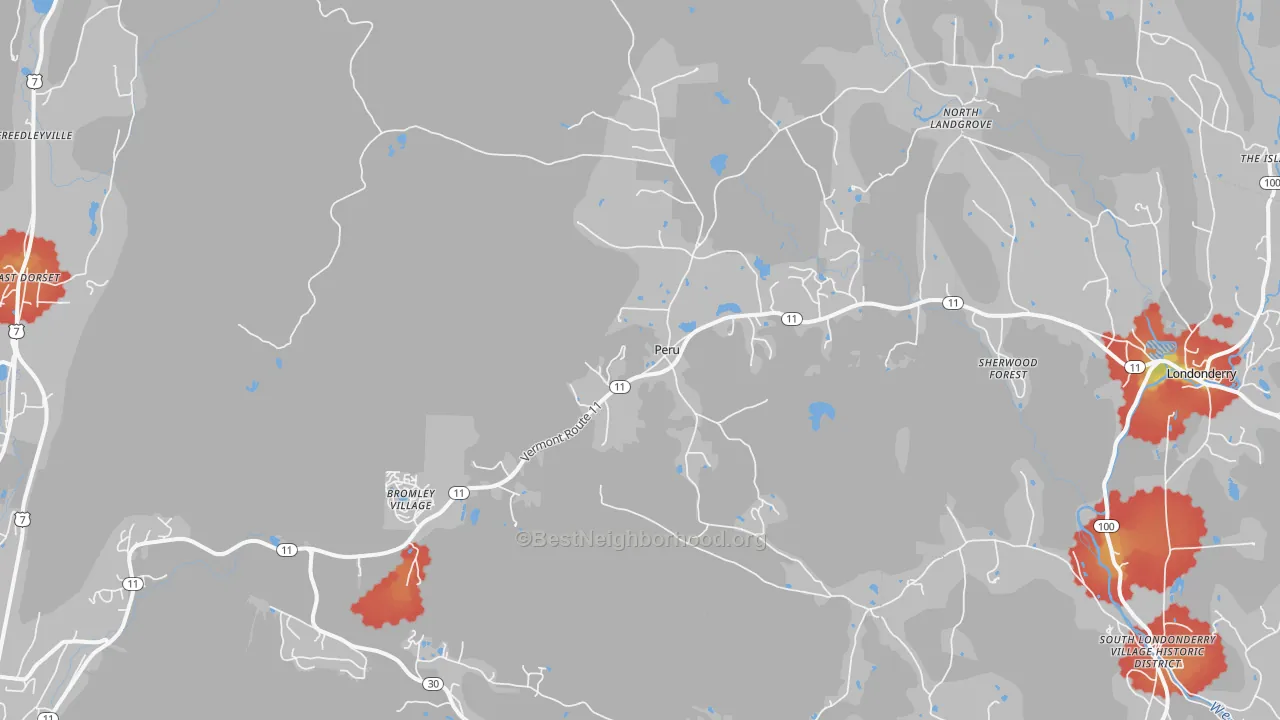 Walk Grade map of Peru, VT, walkable areas in green and car-dependent areas in red