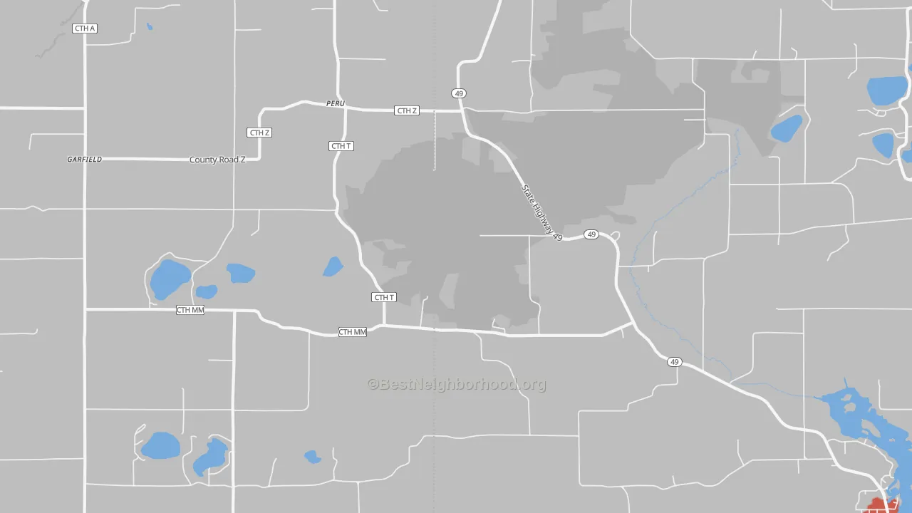 Walk Grade map of Peru, WI, walkable areas in green and car-dependent areas in red