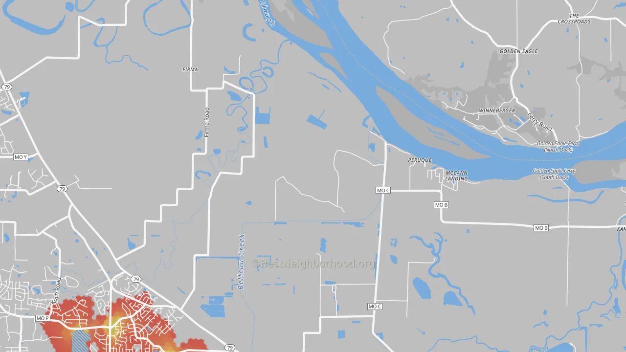 Walk Grade map of Peruque, MO, walkable areas in green and car-dependent areas in red