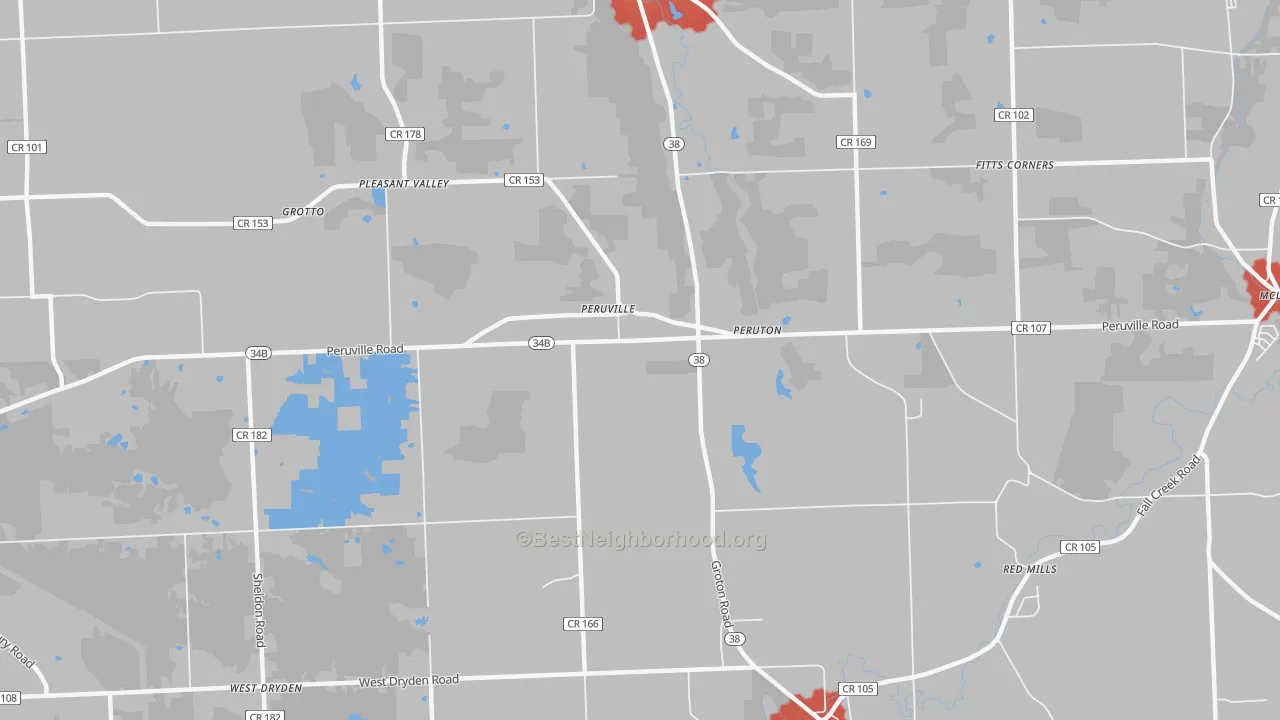 Walk Grade map of Peruville, NY, walkable areas in green and car-dependent areas in red