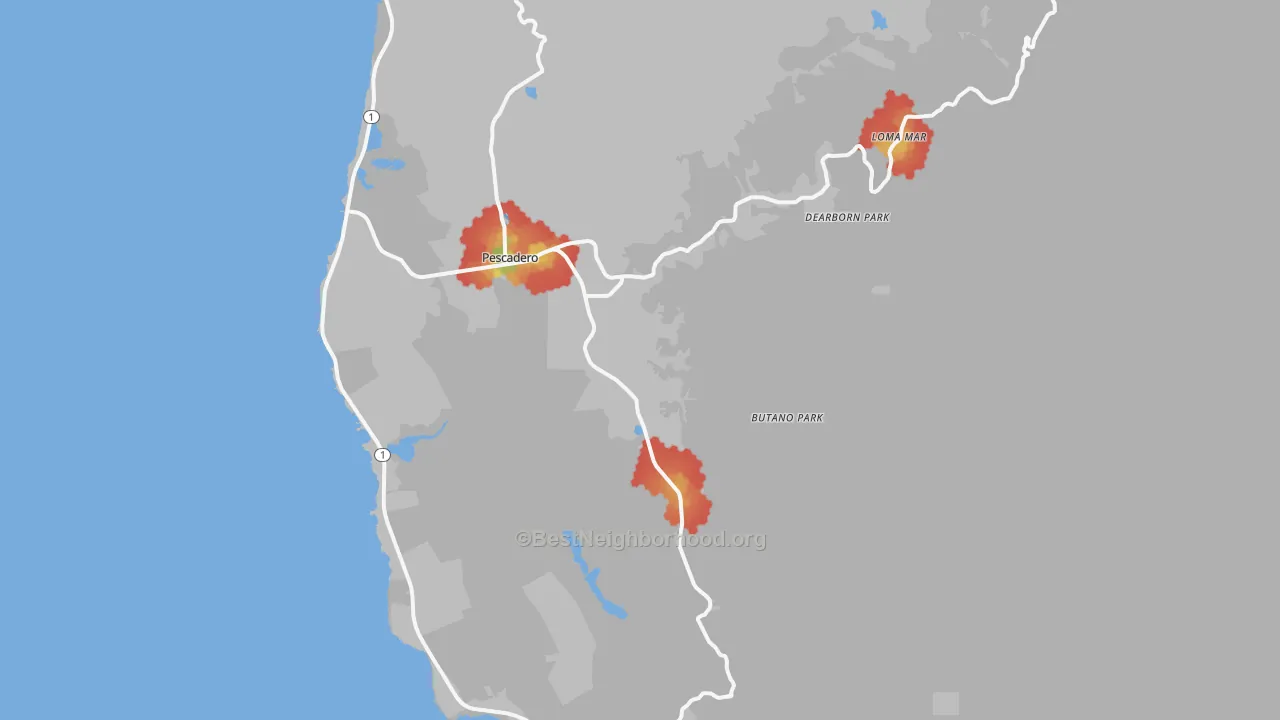 Walk Grade map of Pescadero, CA, walkable areas in green and car-dependent areas in red