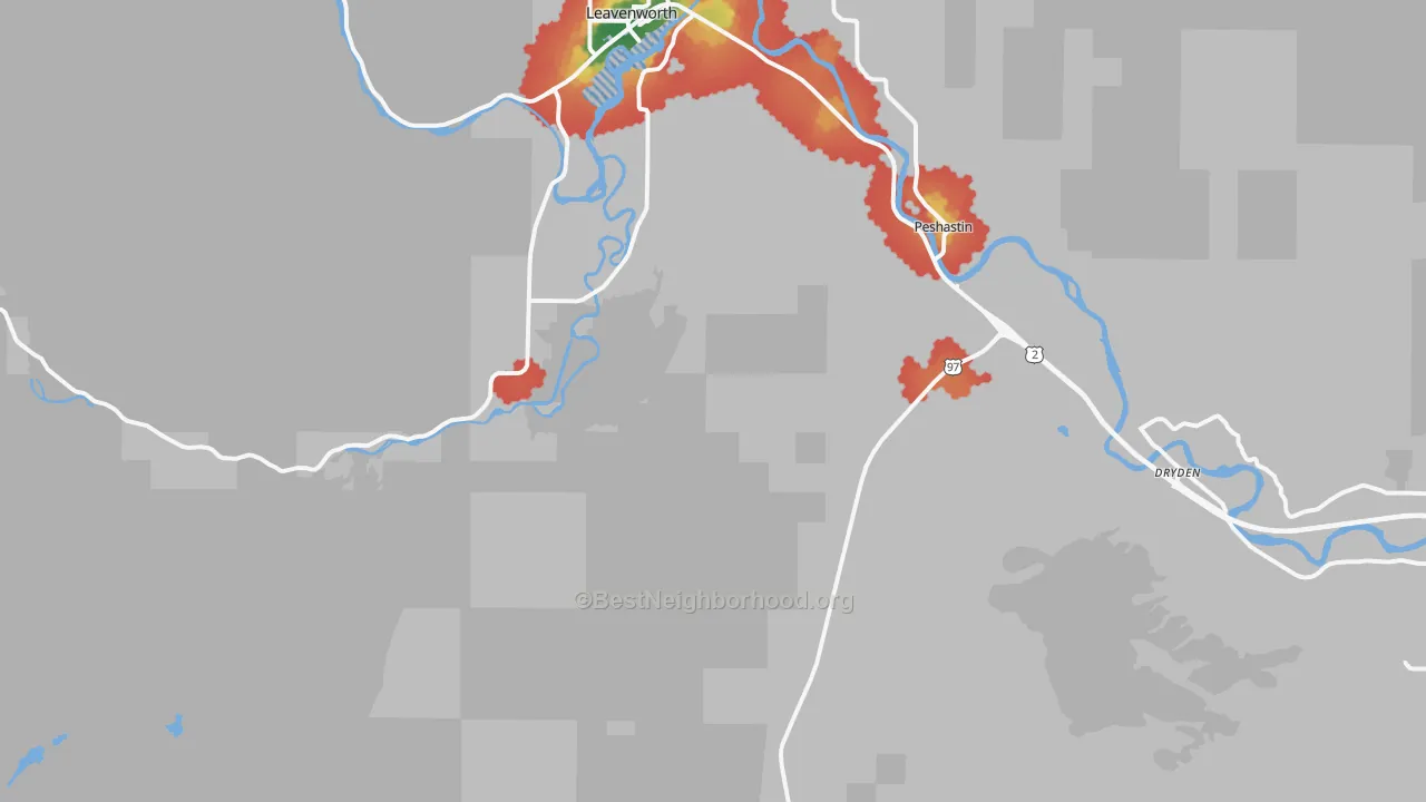 Walk Grade map of Peshastin, WA, walkable areas in green and car-dependent areas in red