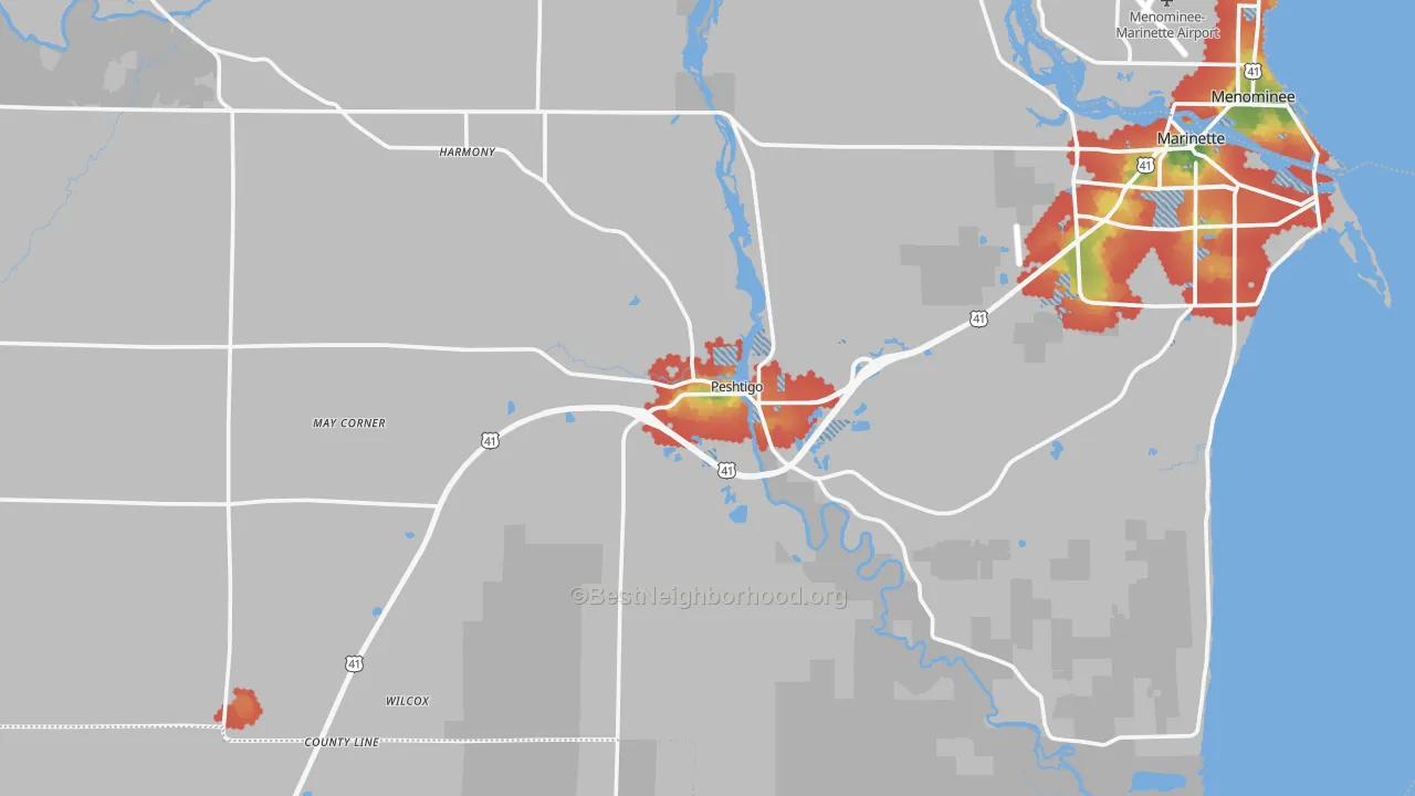 Walk Grade map of Peshtigo, WI, walkable areas in green and car-dependent areas in red
