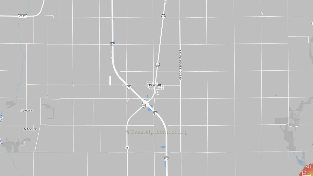 Walk Grade map of Pesotum, IL, walkable areas in green and car-dependent areas in red