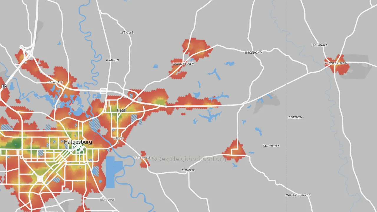 Walk Grade map of Petal, MS, walkable areas in green and car-dependent areas in red