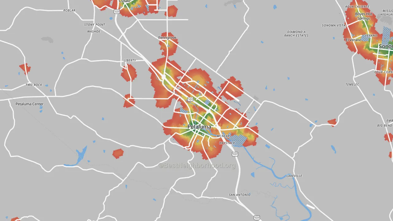 Walk Grade map of Petaluma, CA, walkable areas in green and car-dependent areas in red
