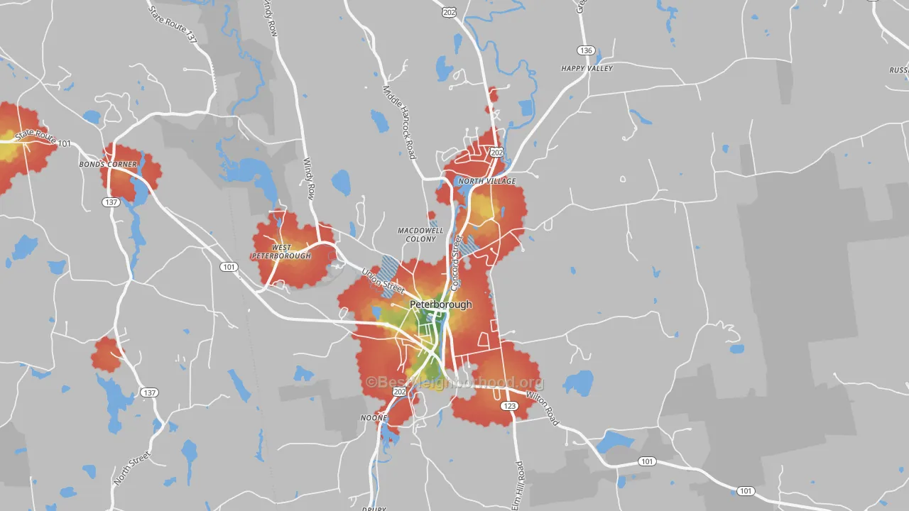 Walk Grade map of Peterborough, NH, walkable areas in green and car-dependent areas in red