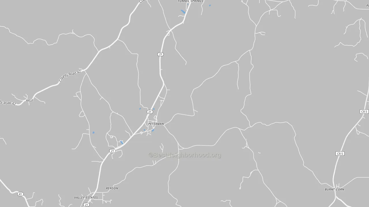 Walk Grade map of Peterman, AL, walkable areas in green and car-dependent areas in red