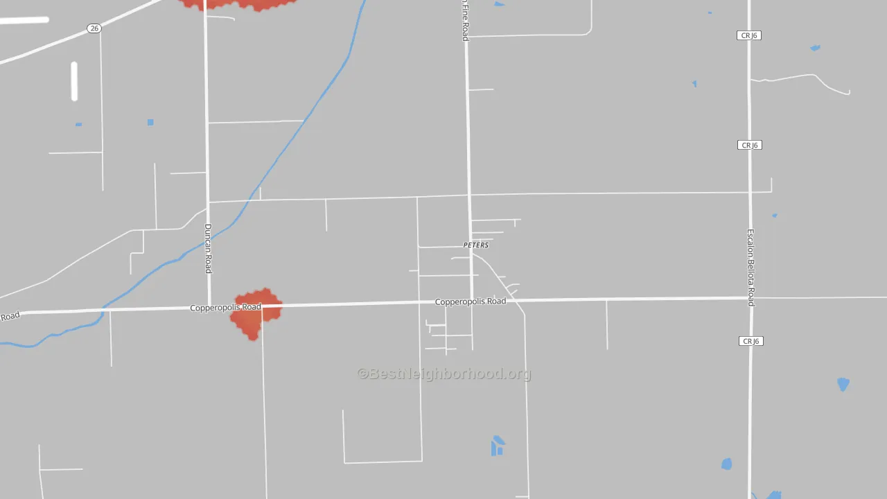 Walk Grade map of Peters, CA, walkable areas in green and car-dependent areas in red
