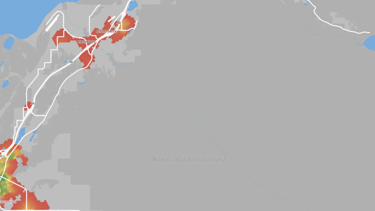 Walk Grade map of Peters Creek, AK, walkable areas in green and car-dependent areas in red