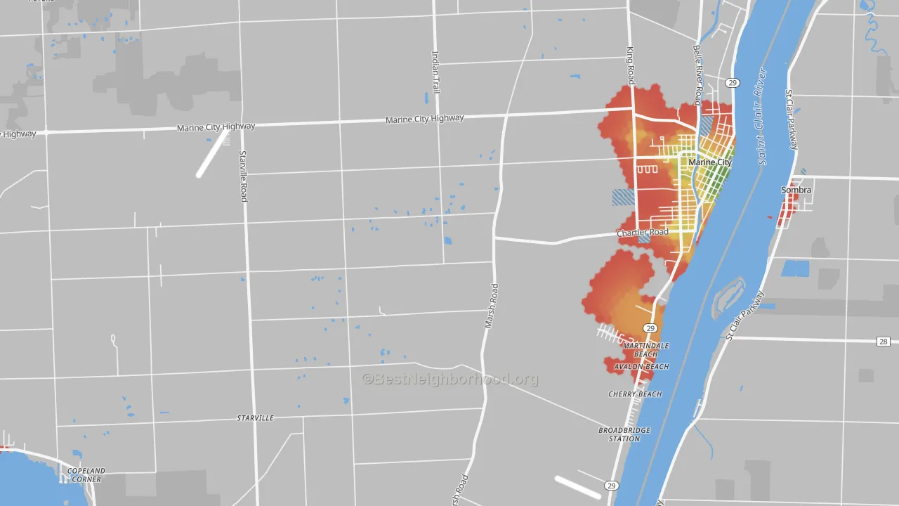 Walk Grade map of Peters, MI, walkable areas in green and car-dependent areas in red