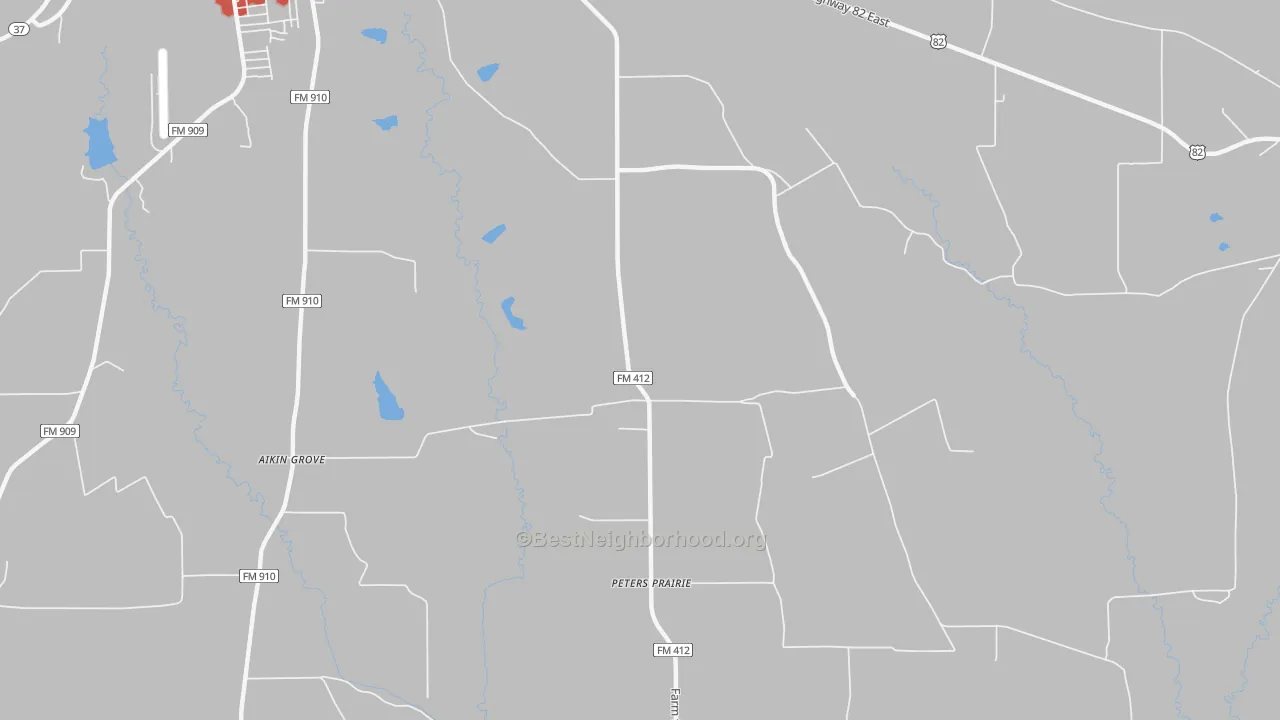 Walk Grade map of Peters Prairie, TX, walkable areas in green and car-dependent areas in red