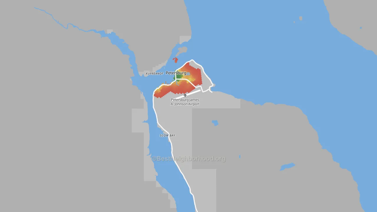 Walk Grade map of Petersburg Census Area, AK, walkable areas in green and car-dependent areas in red