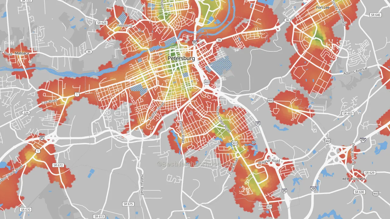 Walk Grade map of Petersburg City, VA, walkable areas in green and car-dependent areas in red