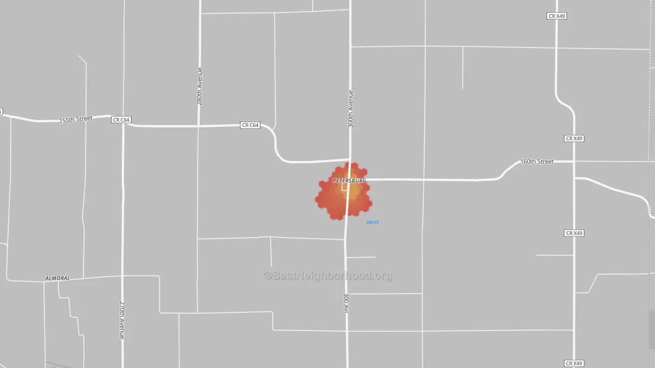 Walk Grade map of Petersburg, IA, walkable areas in green and car-dependent areas in red
