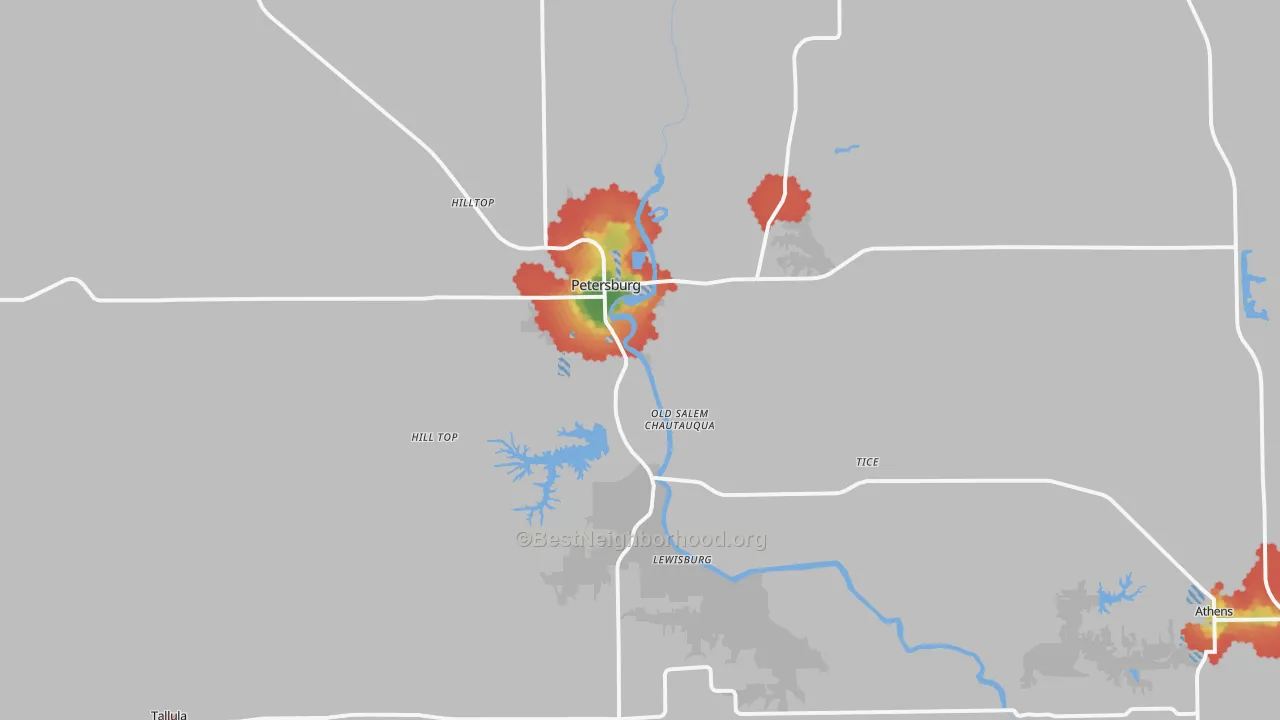 Walk Grade map of Petersburg, IL, walkable areas in green and car-dependent areas in red