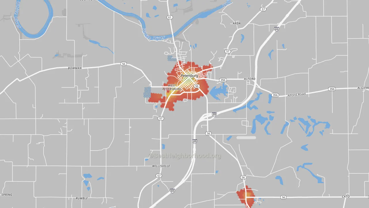 Walk Grade map of Petersburg, IN, walkable areas in green and car-dependent areas in red