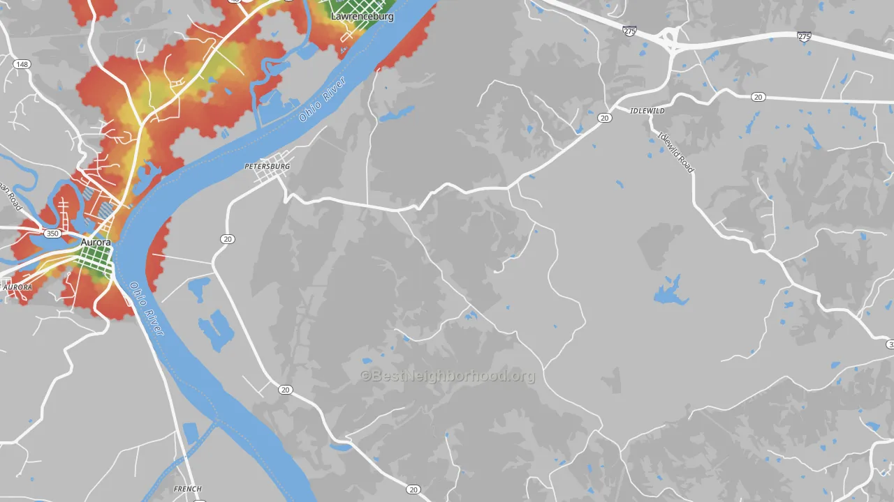 Walk Grade map of Petersburg, KY, walkable areas in green and car-dependent areas in red