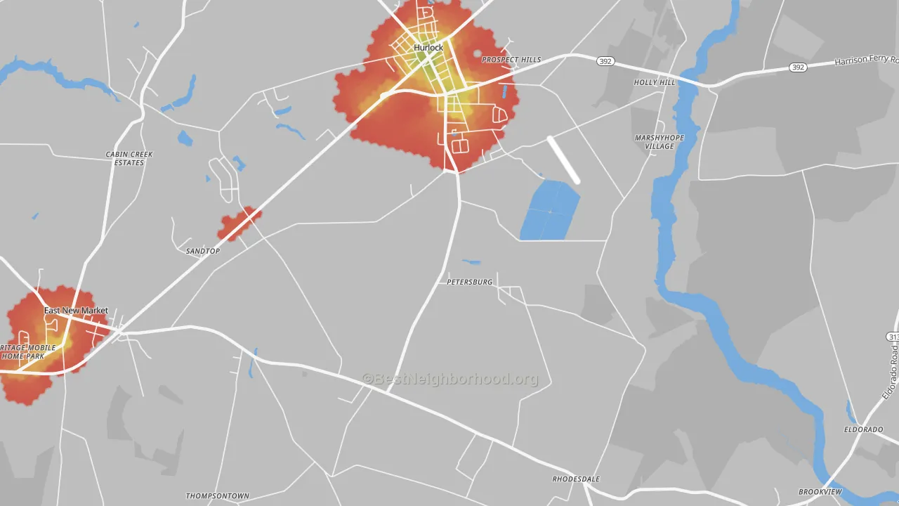 Walk Grade map of Petersburg, MD, walkable areas in green and car-dependent areas in red