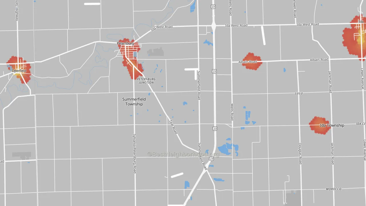 Walk Grade map of Petersburg, MI, walkable areas in green and car-dependent areas in red