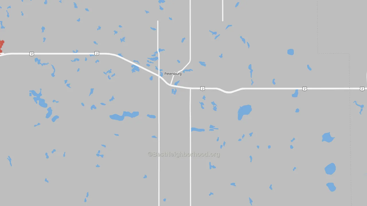 Walk Grade map of Petersburg, ND, walkable areas in green and car-dependent areas in red